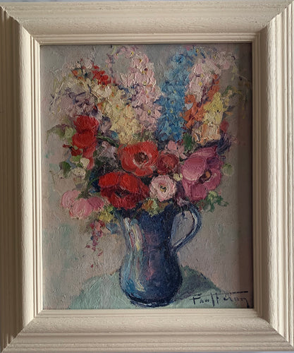 Oil painting on canvas: Exuberant summer display in a blue jug (indistinct signature)