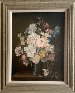 Oil painting on canvas: Summer flowers in a pewter jug (artist Edna Bizon b. 1929)