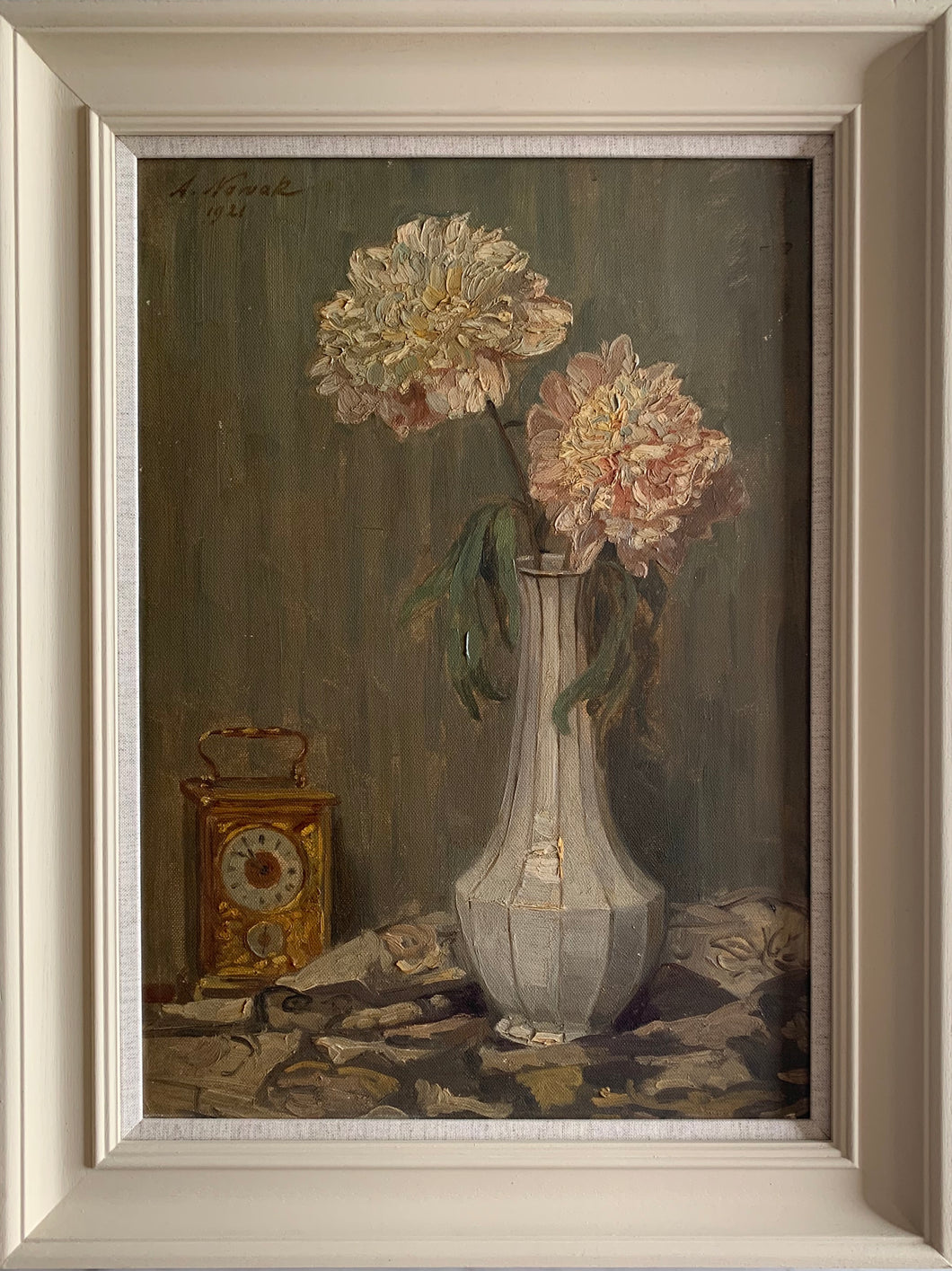 Oil painting on board: Pink chrysanthemums in a vase with clock (artist Anton Nowak (1865-1931, painted 1921)