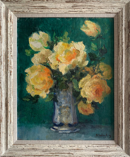 Oil painting on canvas: Yellow roses in a silver tankard (signature indistinct)