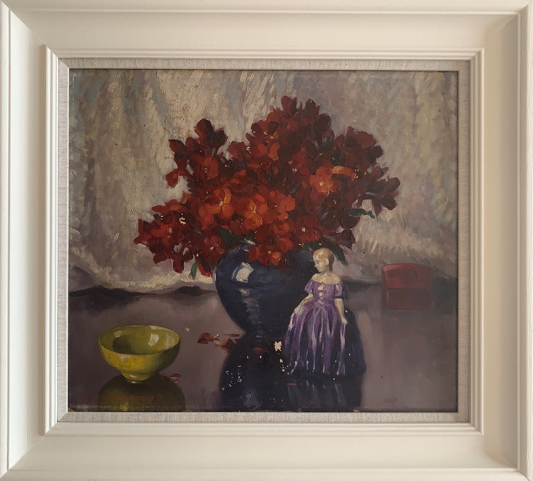 Oil painting on canvas: Red flowers, figurine and yellow bowl (artist E H Mooney)