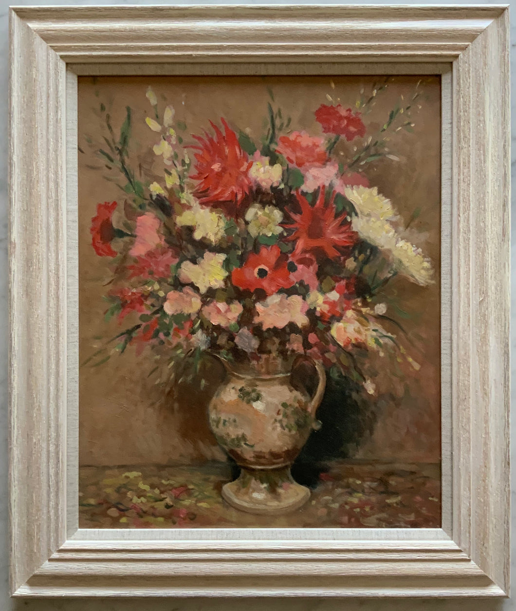 Oil painting on board: Still life of flowers in decorative jug (unsigned)