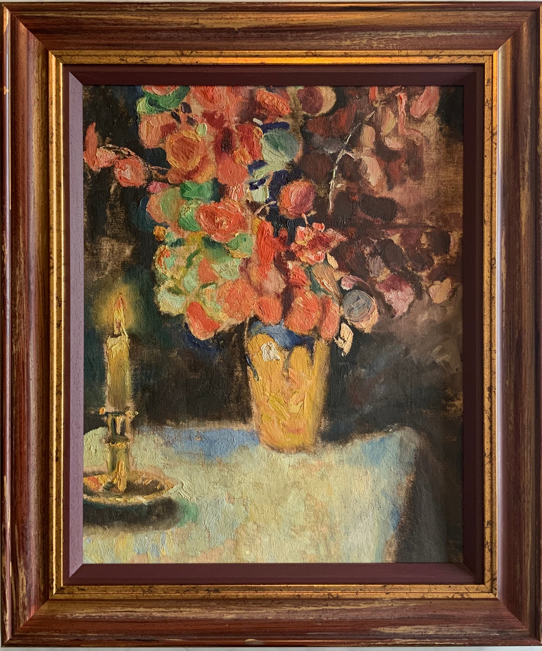 Oil painting on board: Flowers and a candle (unsigned)
