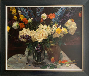 Oil painting on board: Peonies, delphiniums and poppies in a glass vase (Russian School 1926)