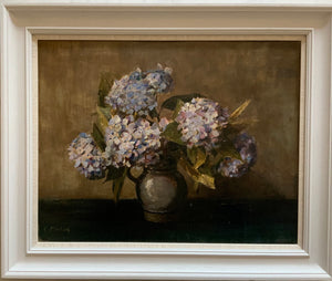Oil painting on board: Blue hydrangeas in a grey jug (C.M. Wagg)