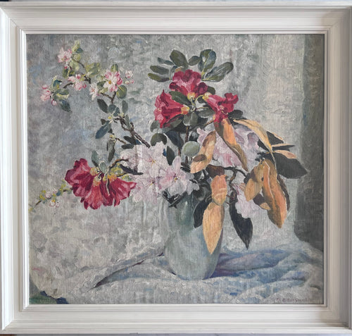 Oil painting on board: Flowers and apple blossom in a vase (D E Sergeant)
