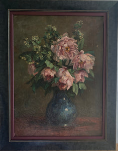 Oil painting  on canvas: Pink roses in a blue vase (French)