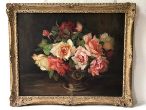Oil painting on canvas: Pink roses (artist: Kate Wyllie 1877-1941)