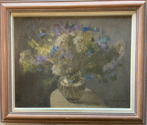 Oil painting on canvas: Blue and yellow flowers in a glass vase (Nicholas Granger-Taylor, 1988)