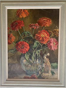 Oil painting on canvas: Red and orange zinnias in a glass bowl (artist Gerard Ceunis, 1928)