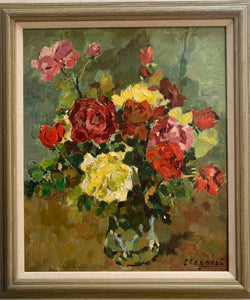 Oil painting on canvas: Roses in a glass vase (French, indistinctly signed)
